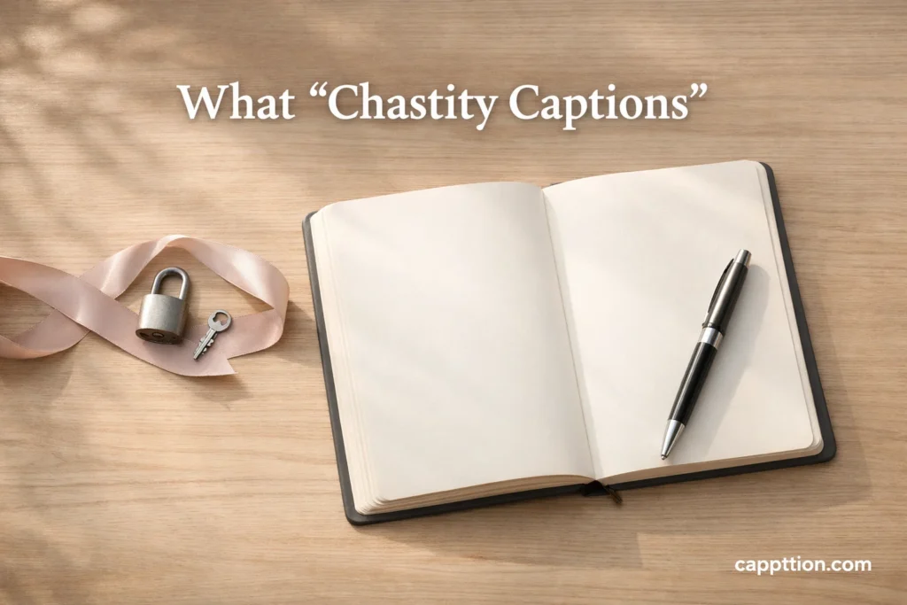 A minimal desk flat-lay with a padlock, key, ribbon, open notebook, and pen in warm daylight, styled for chastity captions What “Chastity Captions” Mean (and How to Use Them).
