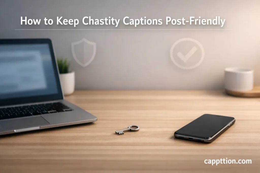 A modern desk with a laptop, phone, and key beside small abstract shield and checkmark decor in soft light, representing chastity captions How to Keep Chastity Captions Social-Media