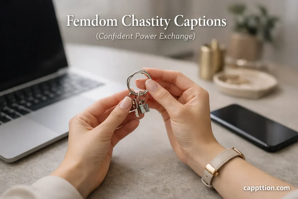 A modern upscale desk scene with a woman’s hands holding a keychain near a phone and laptop in soft window light for chastity captions Femdom Chastity Captions (Confident Power Exchange).