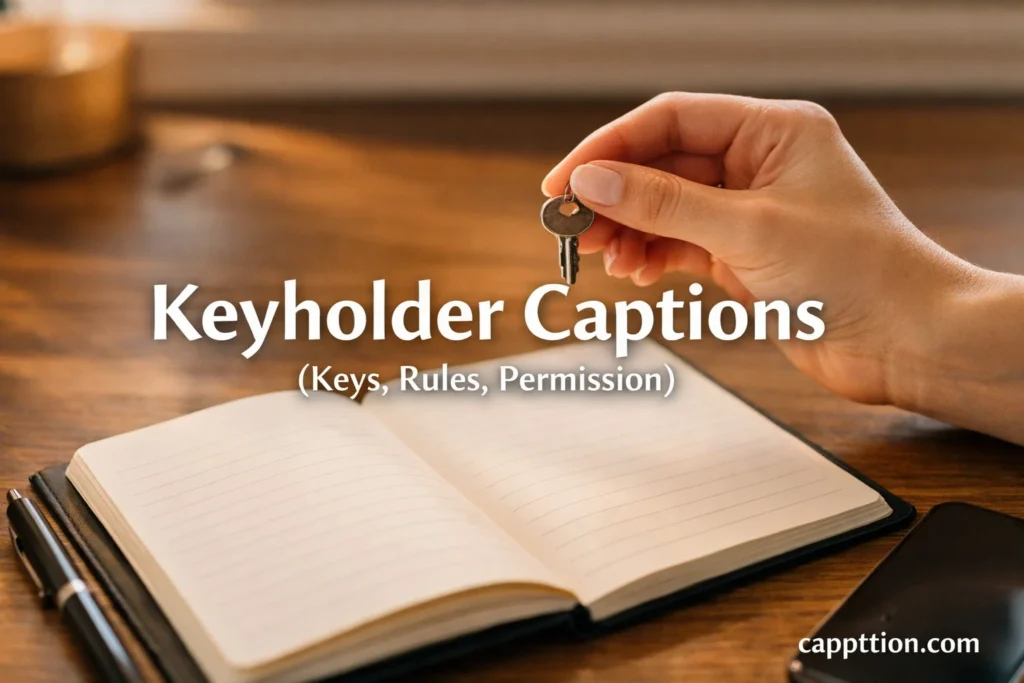 A hand holds a small key above an open notebook on a tidy desk with a pen and phone in warm light for chastity captions Keyholder Captions (Keys, Rules, Permission).