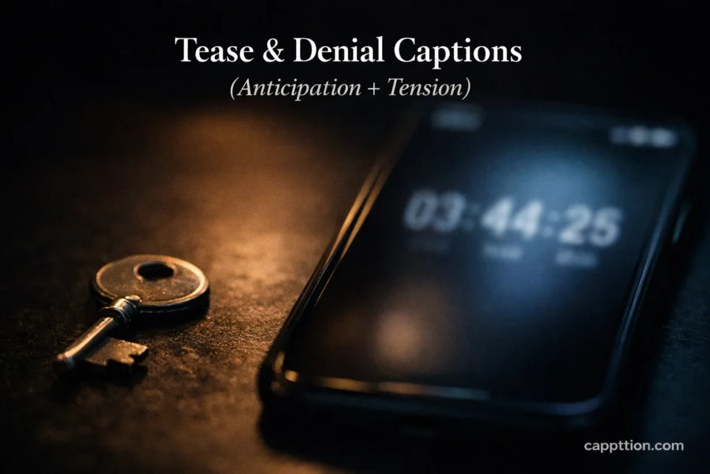 A key lies beside a smartphone with a blurred countdown-like screen in moody light for chastity captions Tease & Denial Captions