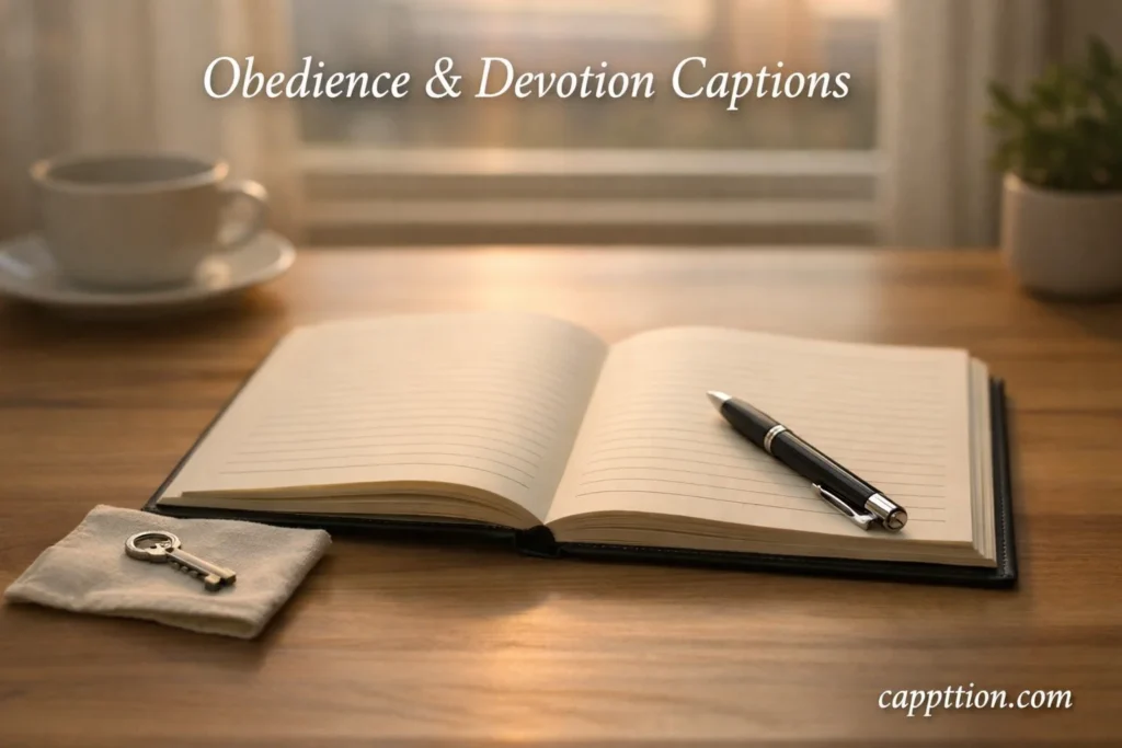 A calm desk with an open journal, pen, and small key in soft morning light for chastity captions Obedience & Devotion Captions.