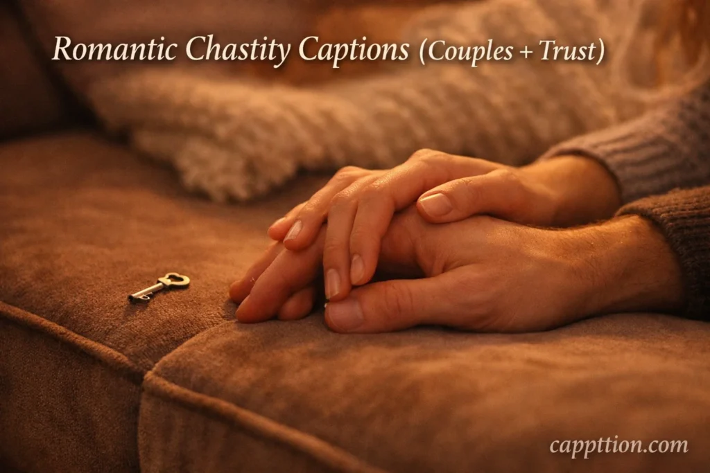 Two hands intertwined on a couch with a small key charm nearby in warm evening light for chastity captions Romantic Chastity Captions