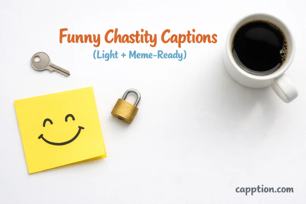 A playful flat-lay with a key, small padlock, coffee mug, and a sticky note with a smiley doodle for chastity captions Funny Chastity Captions