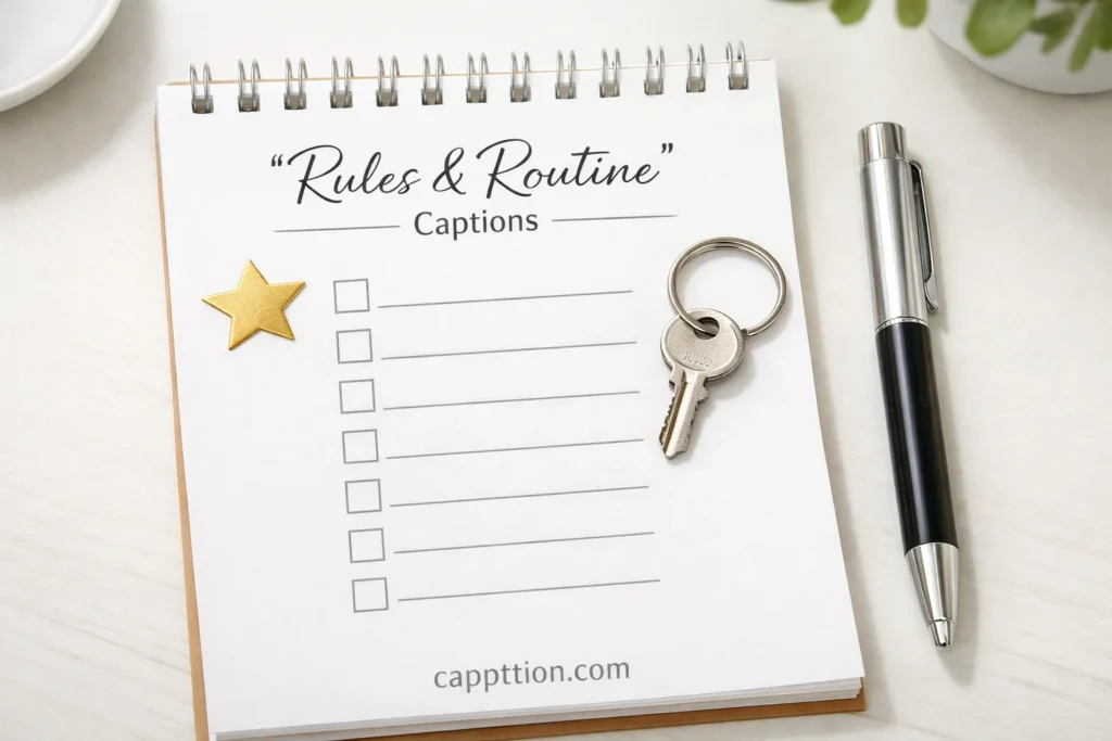 A tidy planner desk with a blank checklist, gold star sticker, keyring, and pen in bright light for chastity captions Rules, Routines, Praise & Rewards Captions.