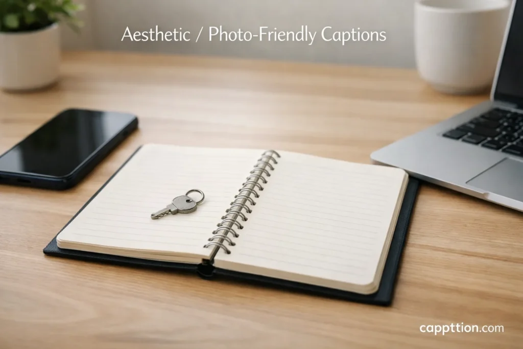 A minimalist creator desk with a phone, laptop, key, and open notebook with blank lines for chastity captions Short Captions + Caption Starters