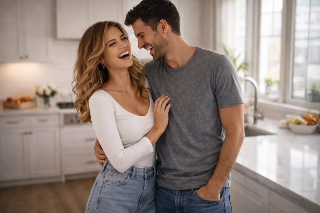 A lighthearted couple laughs together in a bright kitchen wearing casual outfits with a candid feel, fitting cfnm captions.