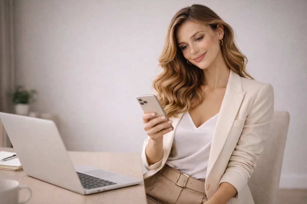 A woman sits at a desk with a laptop and soft lighting while holding a phone as if posting, in a neutral modern space with no visible brand logos, matching cfnm captions