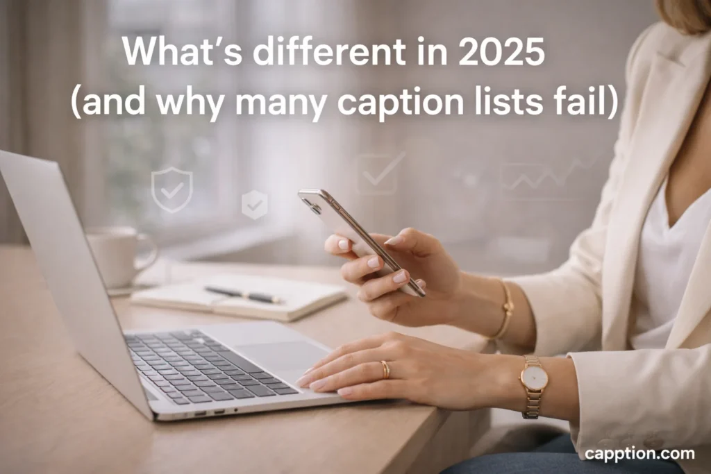A quiet-luxury desk scene shows hands holding a smartphone above a laptop with the headline text “What’s different in 2025 (and why many caption lists fail)” and “cappttion.com” at the bottom, supporting findom captions.