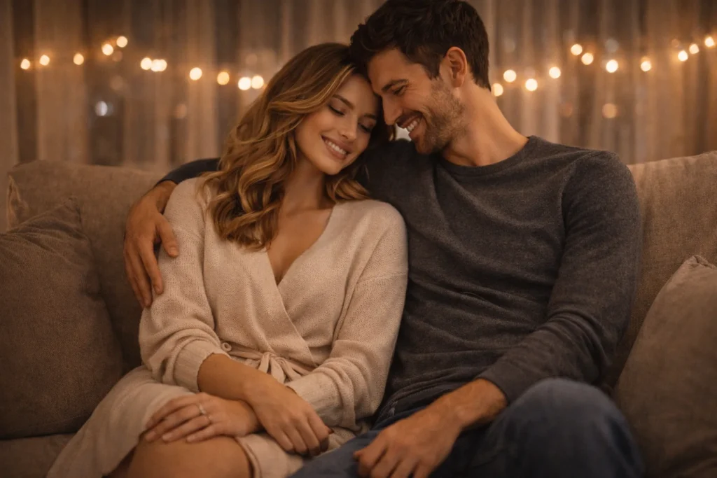 A cozy couple sits on a couch with warm string lights, sharing affectionate smiles while fully clothed in a wholesome setting, matching cfnm captions.