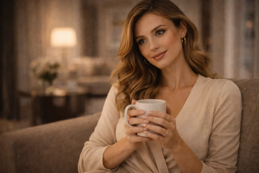A woman sits with a cozy drink and a thoughtful smile in warm indoor lighting with a softly blurred background, matching cfnm captions.