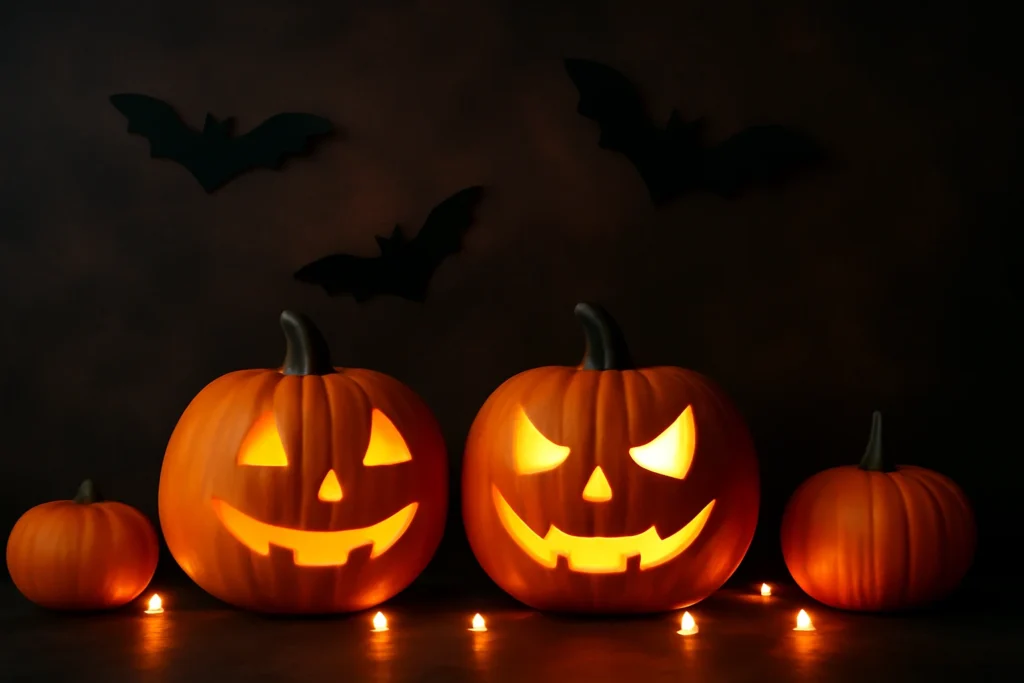 "Spooky Halloween scene with pumpkins, bats, and glowing lights, perfect for last-minute Instagram captions."