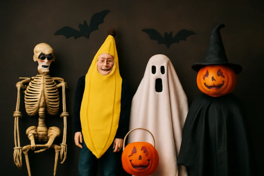 "Funny Halloween props and skeletons for adding humor to last-minute Instagram captions."