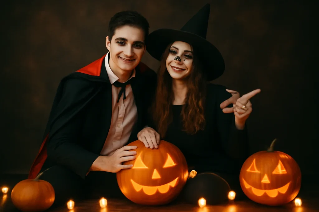 "A couple in matching Halloween costumes, perfect for last-minute Instagram captions for couples."