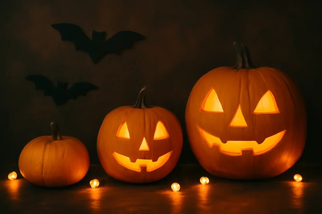 "Halloween decorations with pumpkins and eerie lighting for Instagram captions."