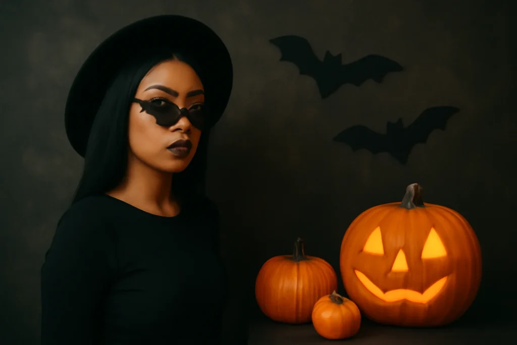 "Stylish Halloween props and pumpkins for baddie Instagram captions."