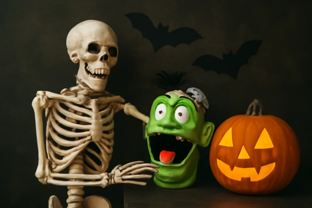 "Funny Halloween decorations like skeletons and creepy props for Instagram captions."