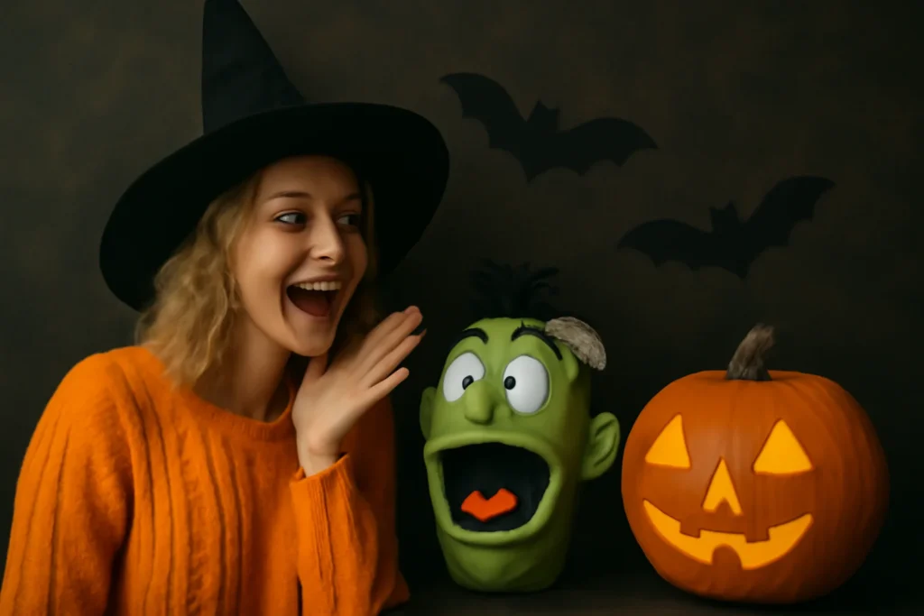 "Last-minute Halloween costume preparations with decorations for funny Instagram captions."