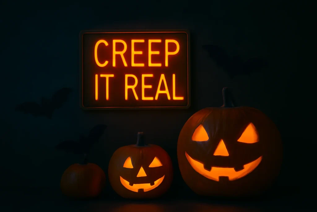 "Glowing 'Creep it Real' sign with Halloween decorations for Instagram captions."