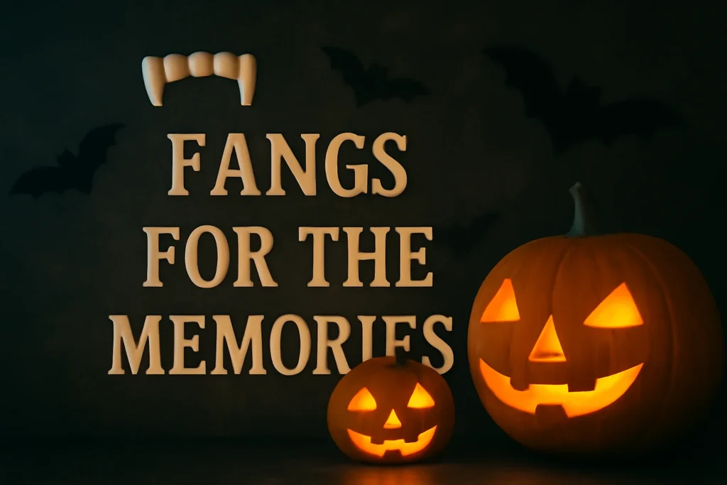 "Vampire fangs and pumpkins for the 'Fangs for the Memories' Halloween caption."