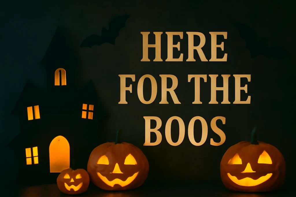 "Spooky Halloween scene with glowing pumpkins for the 'Here for the Boos' Instagram caption."