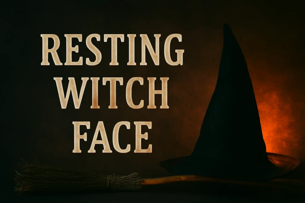 "Resting Witch Face caption with Halloween props like witches' hats and brooms."