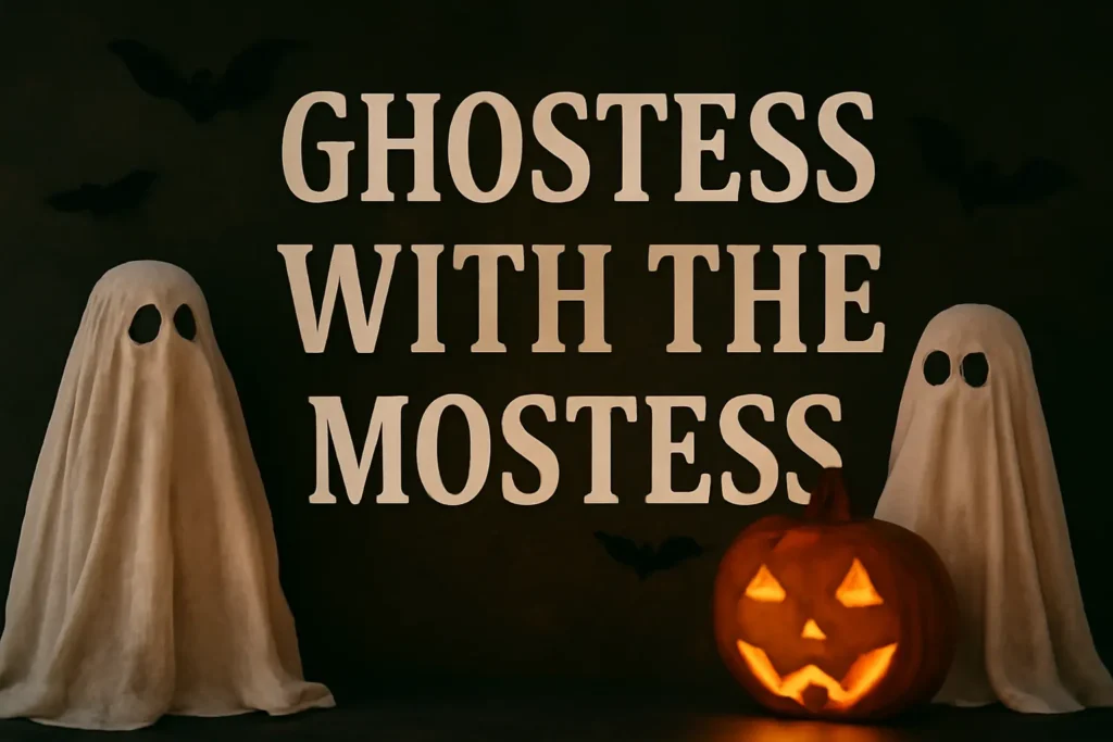 "Ghostess with the Mostess Halloween scene for Instagram captions."