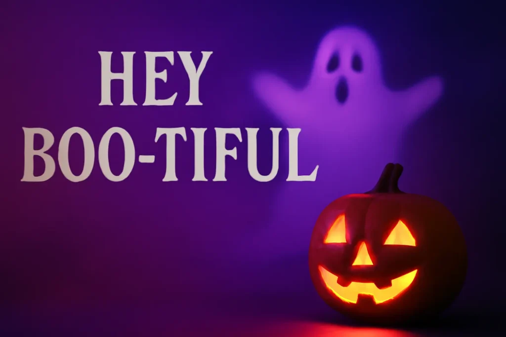 "Glowing jack-o'-lantern and ghost silhouette with 'Hey Boo-Tiful' text in spooky font, perfect for Halloween Instagram captions."