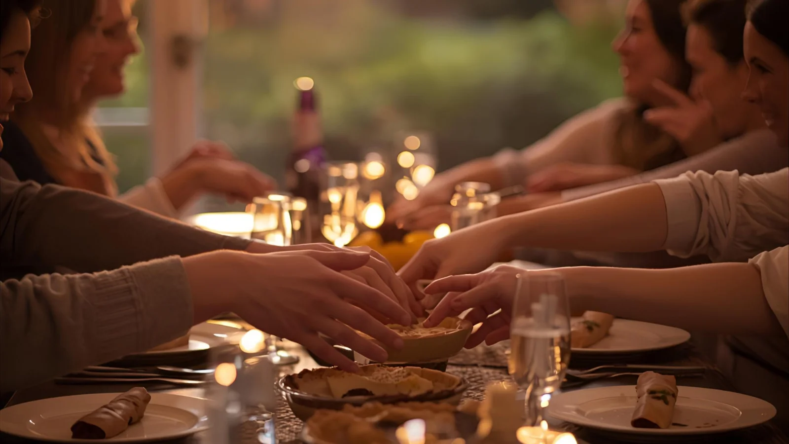 Friends raising glasses around a candlelit Friendsgiving table at golden hour.