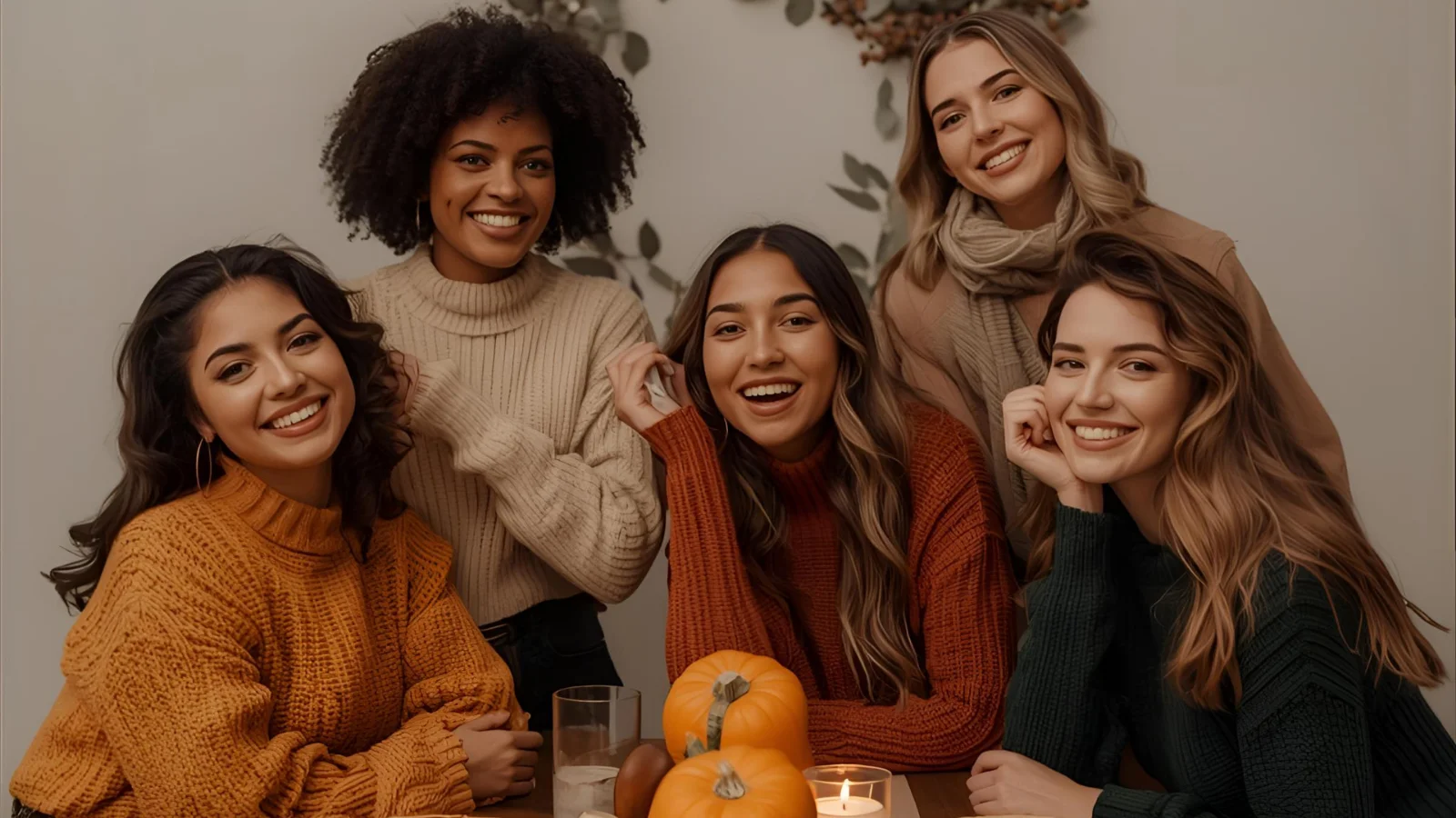 Person in a cozy sweater dress setting a Thanksgiving table in warm fall light.