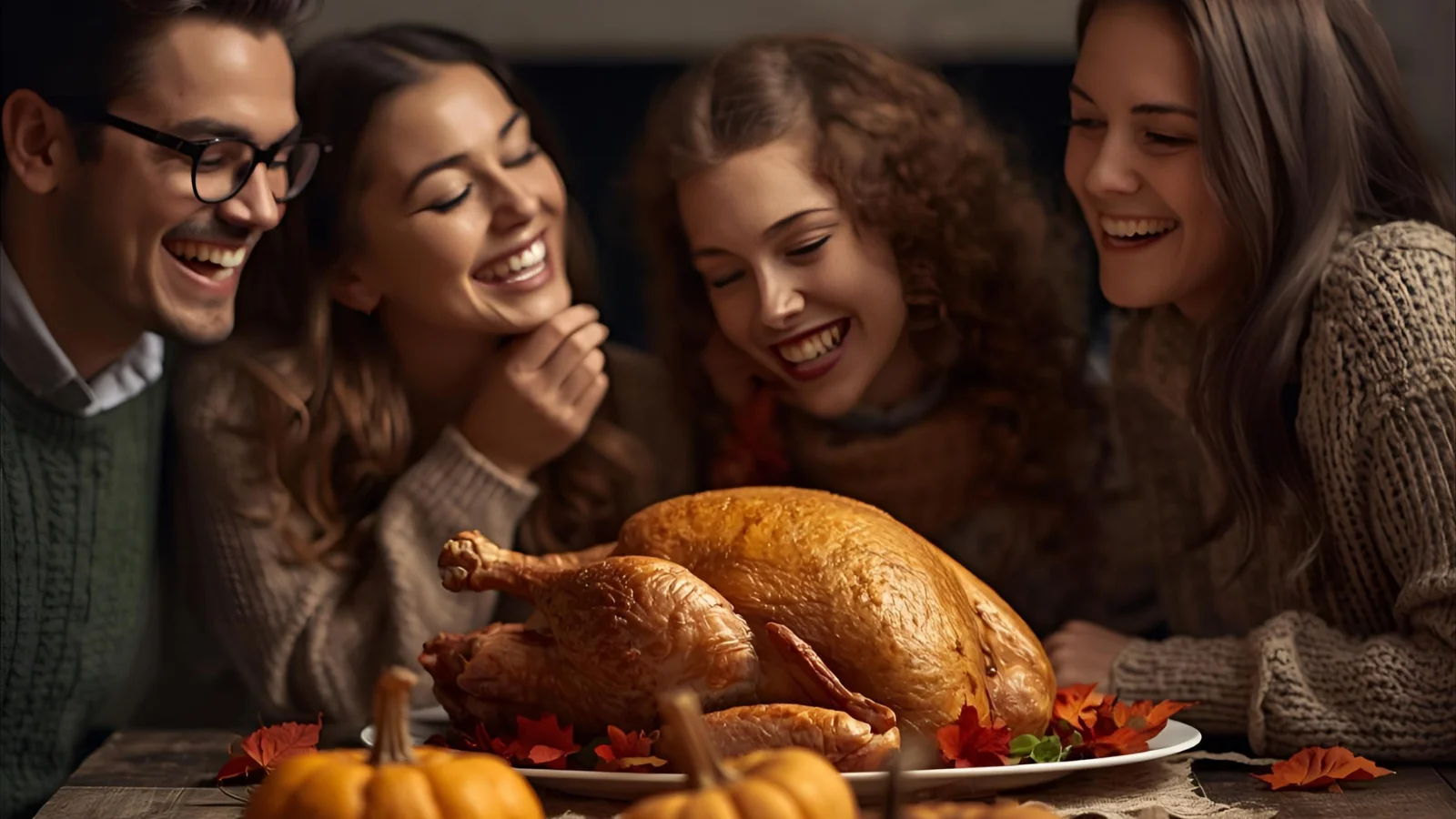 Joyful family Thanksgiving dinner scene with turkey and fall decor