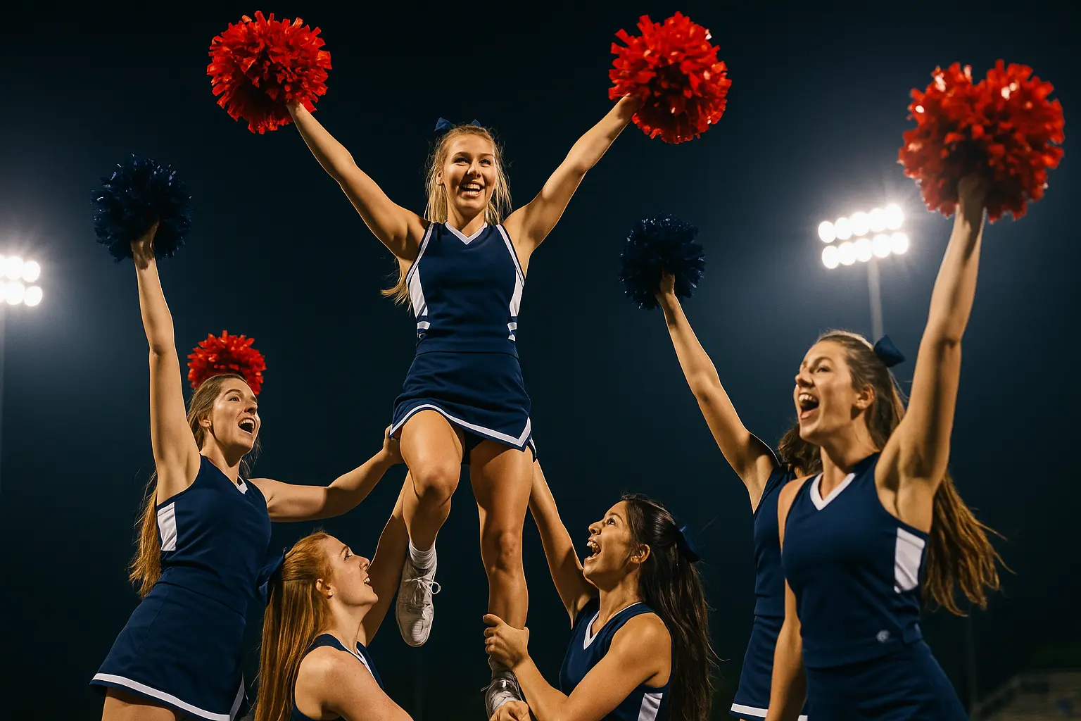 Cheerleaders performing a high-energy stunt under stadium lights, showing teamwork and spirit.