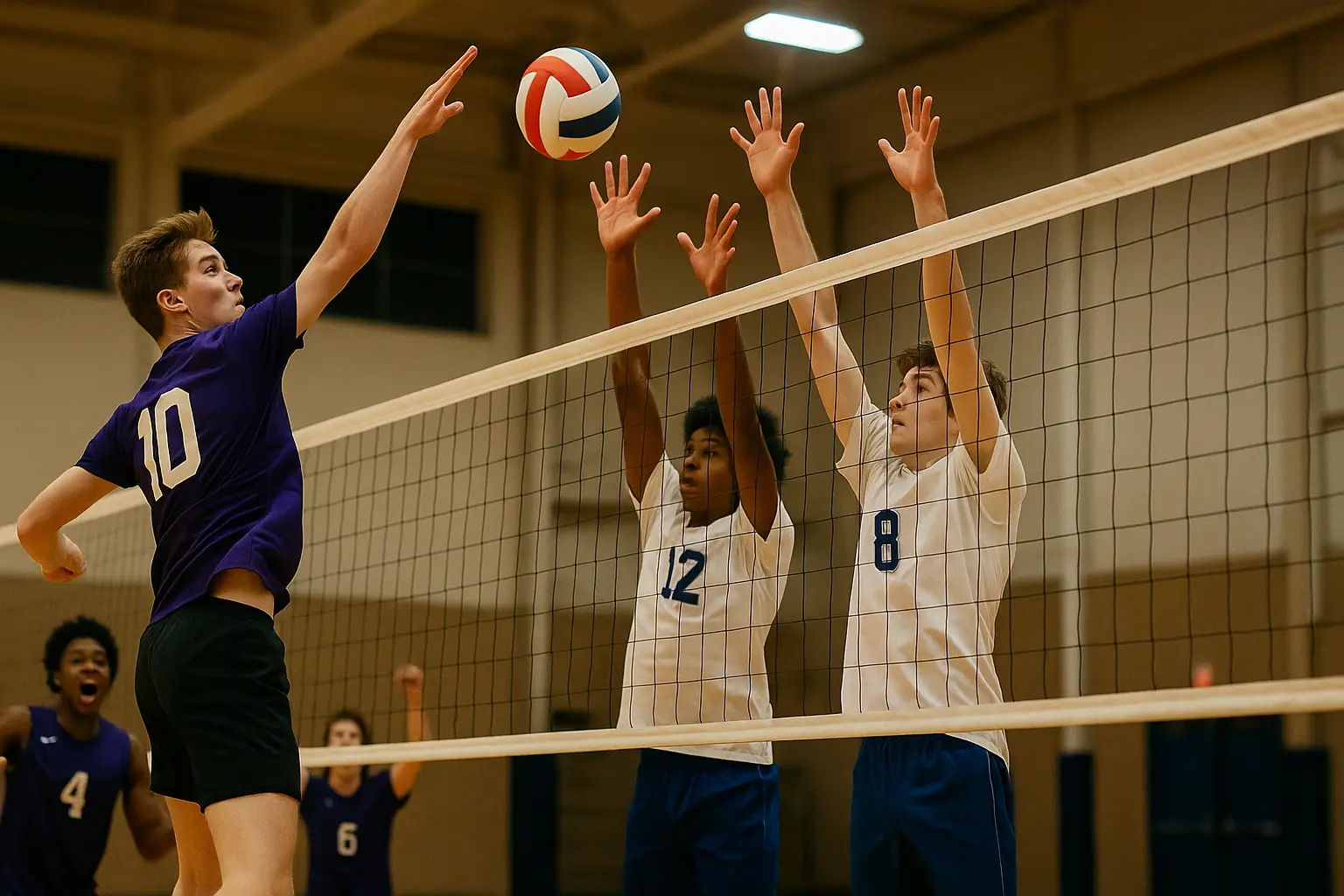 High-school volleyball team jumping at the net during a game, celebrating a spike.