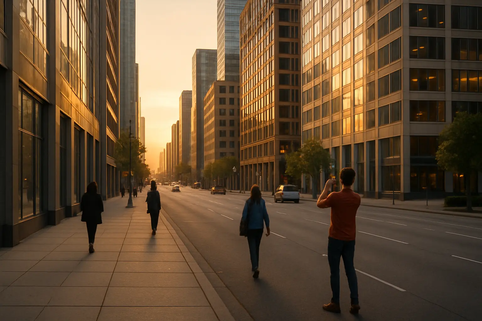 Golden-hour city street with people walking and someone taking a photo on their phone.