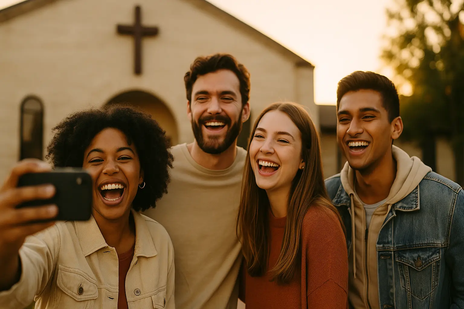 Young adults taking a joyful group selfie outside a church at sunset, symbolizing sharing Christian faith on Instagram.