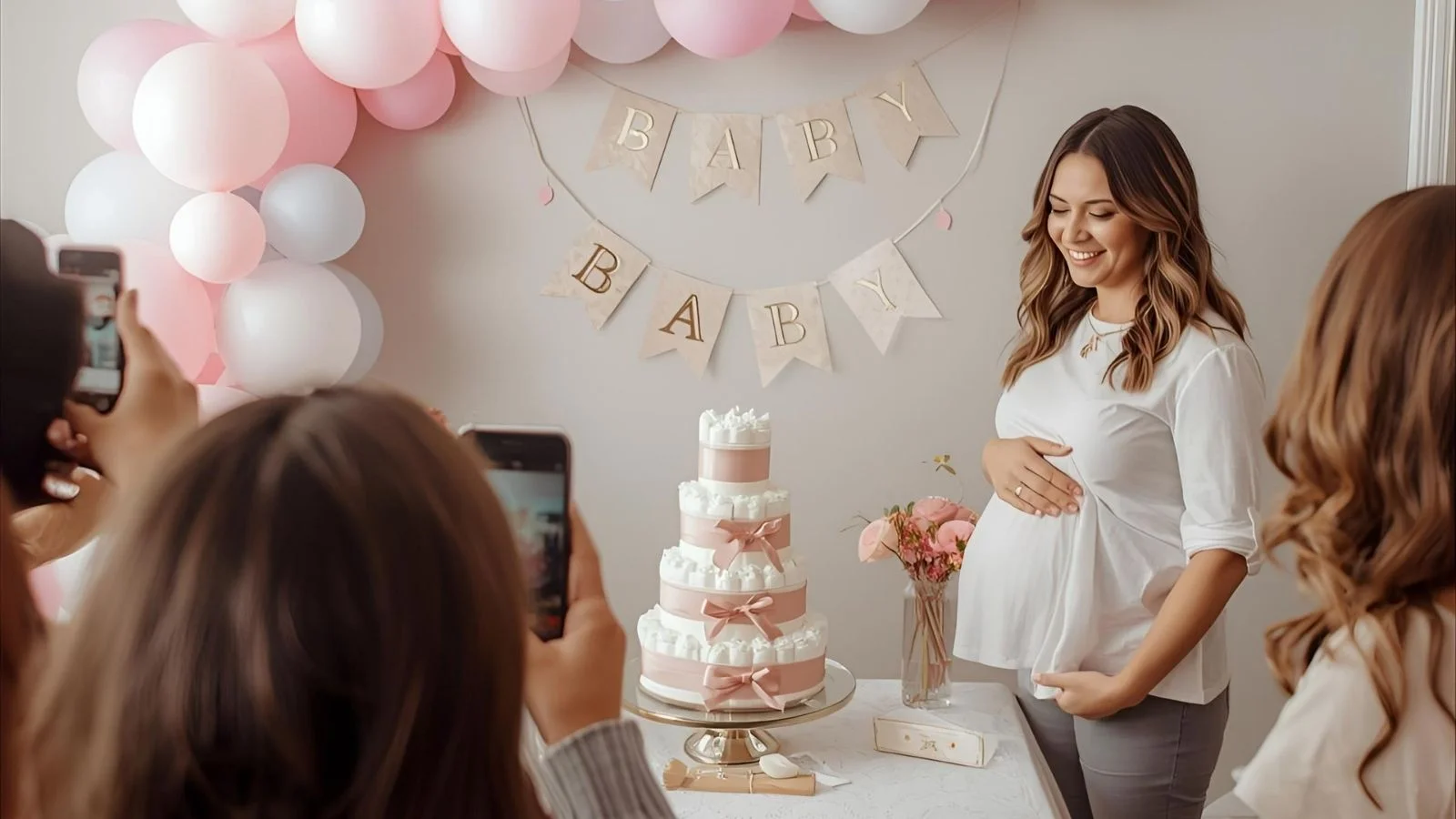 Mom-to-be surrounded by balloons and decorations at a baby shower while guests take photos.