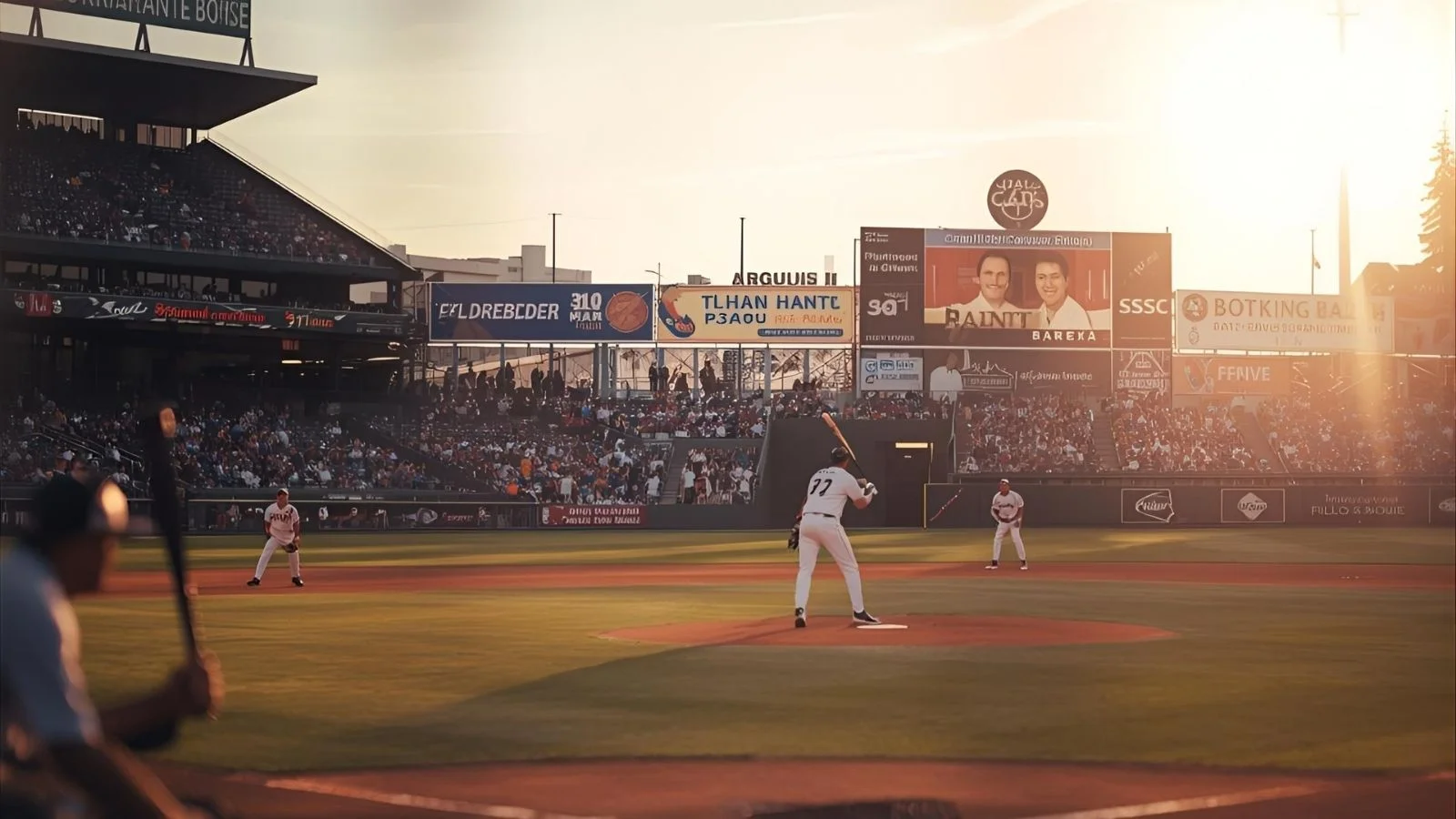 batter at home plate on sunny baseball field with blurred cheering crowd
