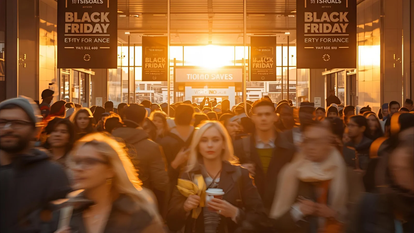 Shoppers rushing into a store at dawn on Black Friday with sale signs.
