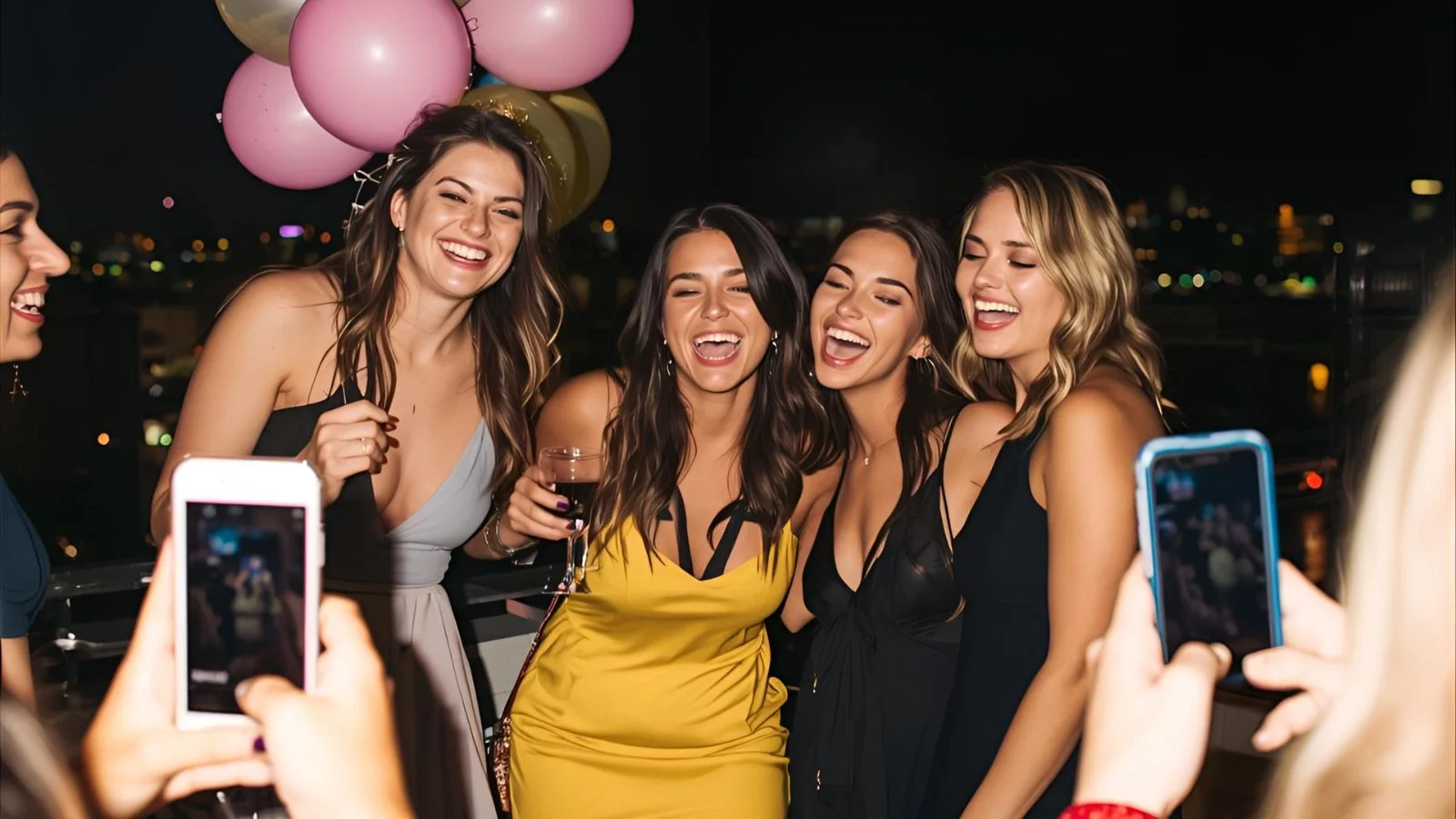 Bride and friends celebrating a bachelorette party on a rooftop at night