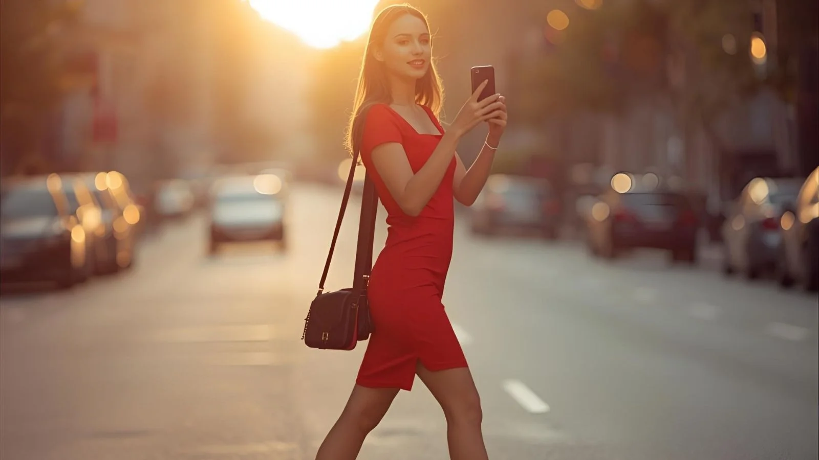 Confident woman in a red dress taking photos in the city at golden hour.