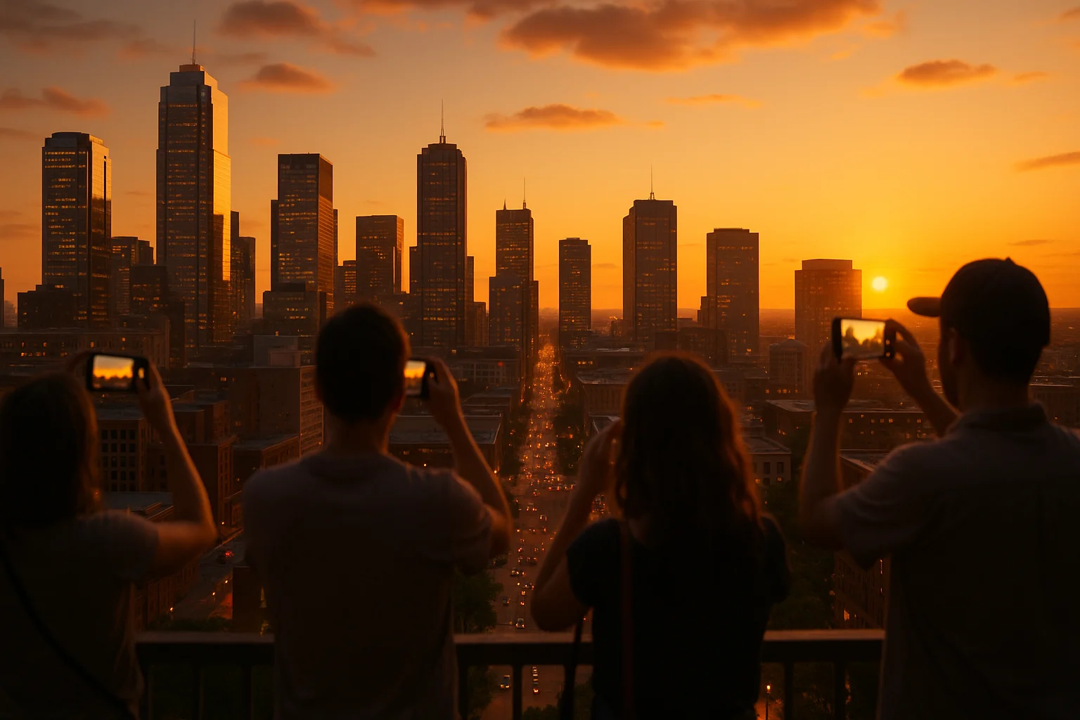 Golden-hour city skyline with downtown streets, made for city captions ideas