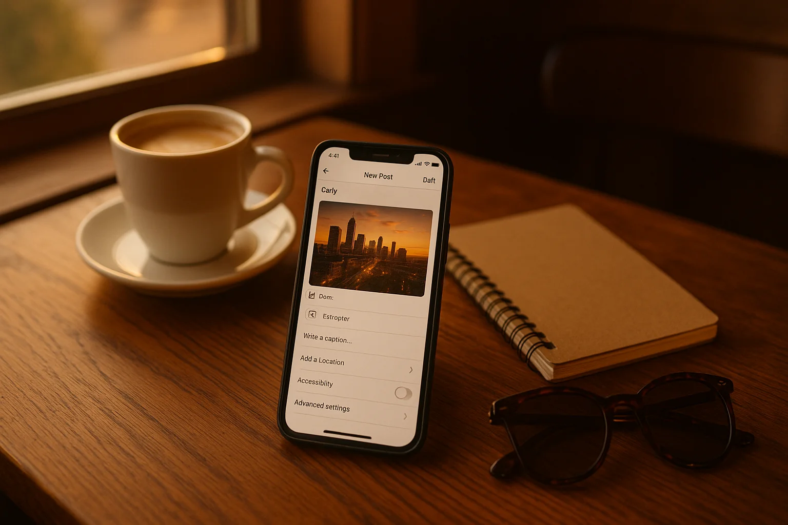 Phone on a coffee shop table displaying a draft caption with the name Carly in warm morning light.
