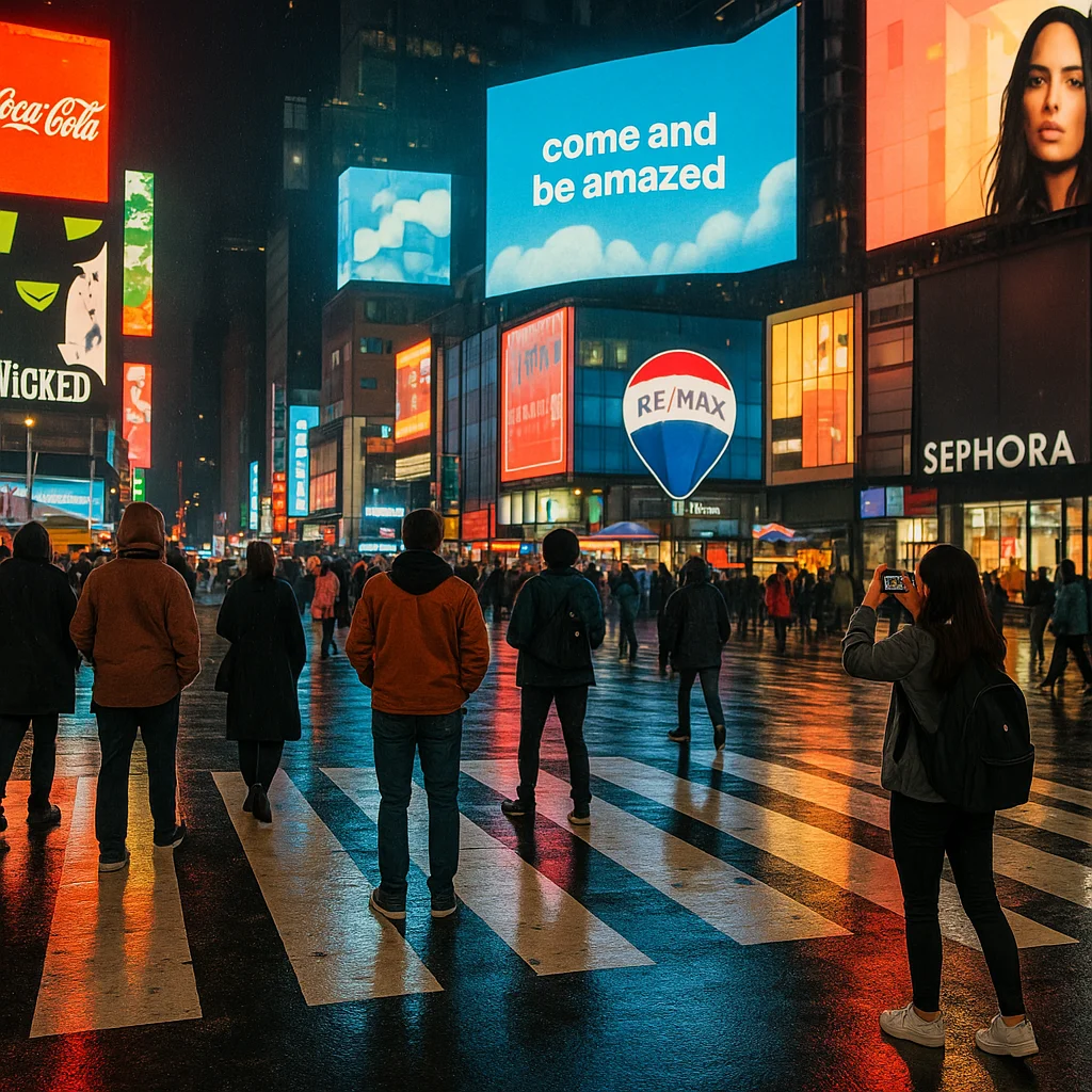 People crossing Times Square at night under bright billboards, phones raised for photos.