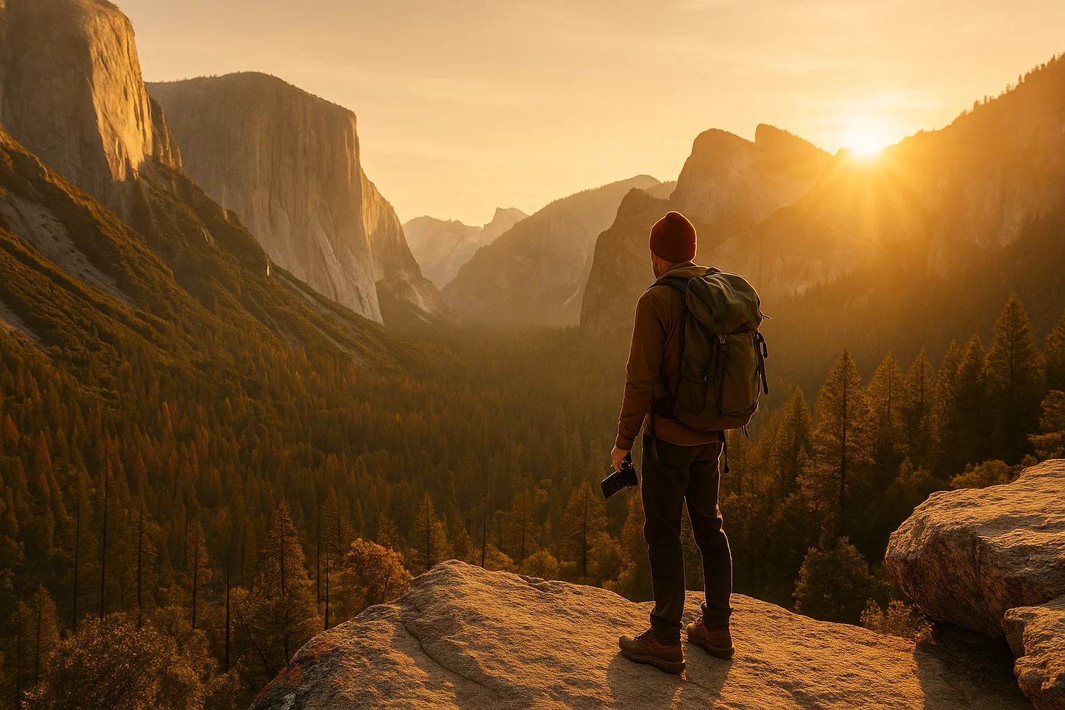 Hiker at sunrise overlooking a wide valley in a U.S. national park.