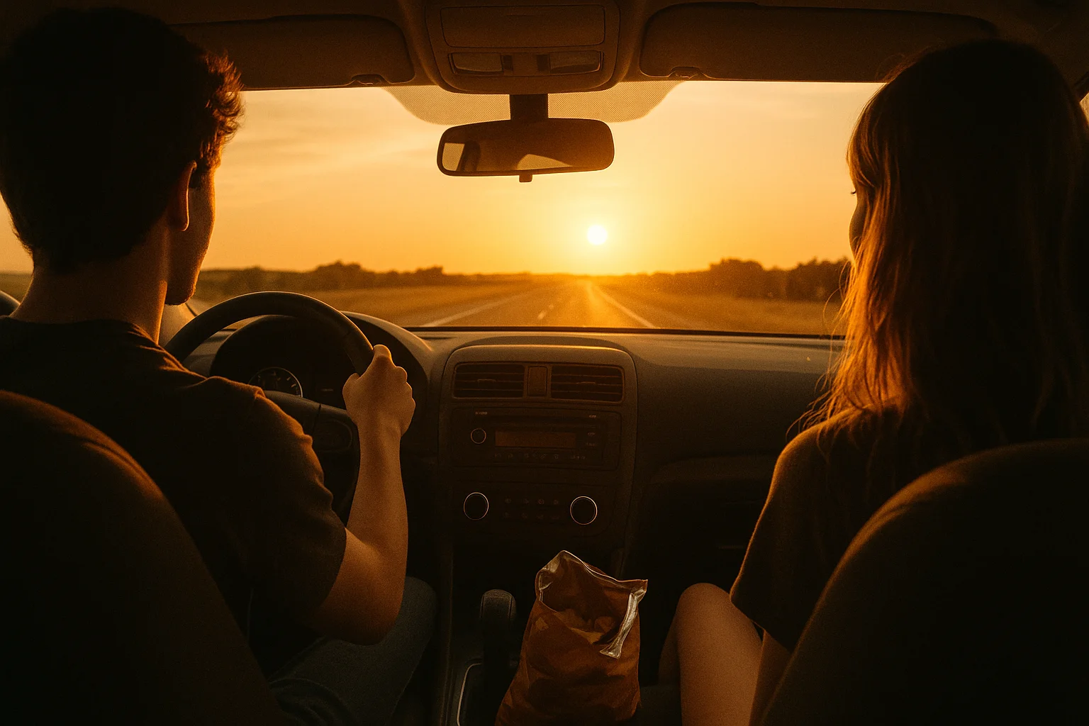 Friends road-tripping at sunset with a glowing highway ahead