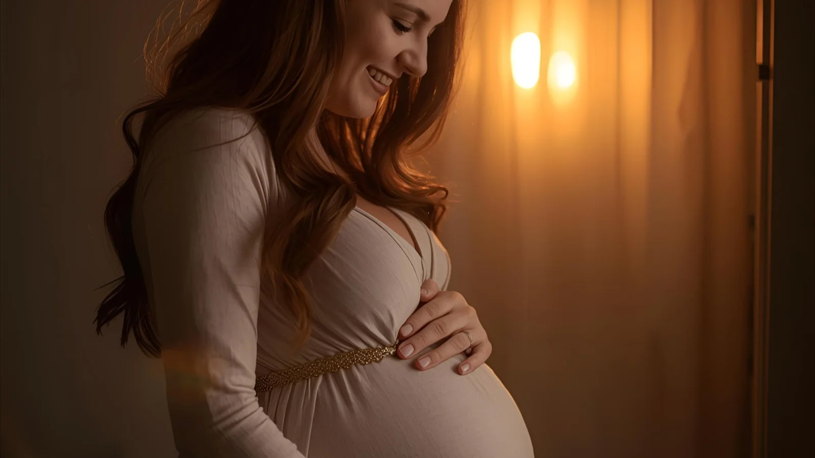 Expectant mother gently touching baby bump in soft sunlight, capturing warmth and anticipation.