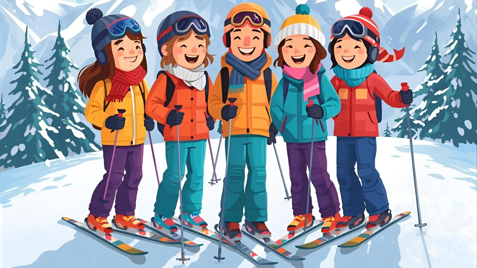 Friends on snowy ski slope celebrating ski trip